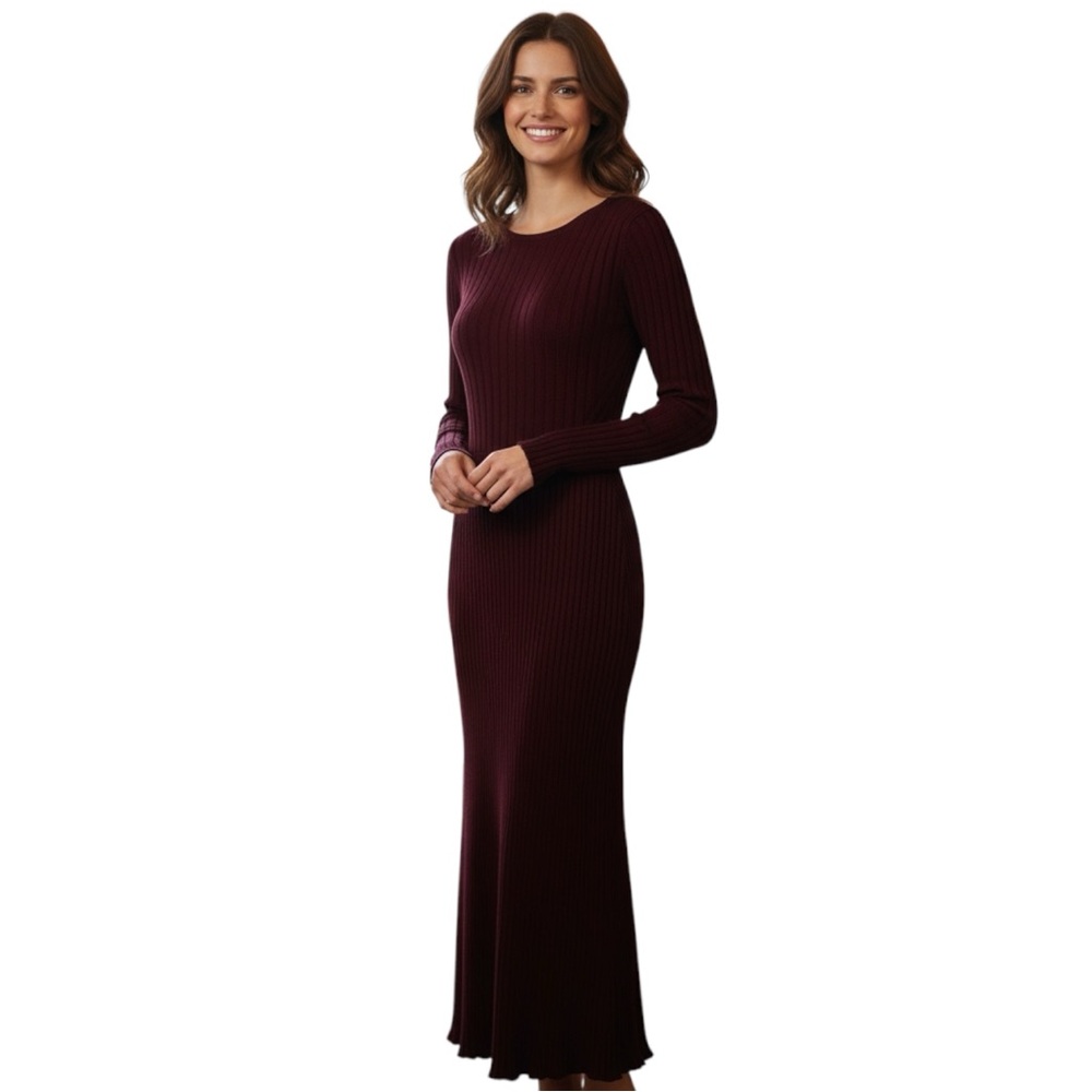 Burgundy Ribbed Knit Maxi Dress Long Sleeve Slim Fit Bodycon Elegant Evening XS